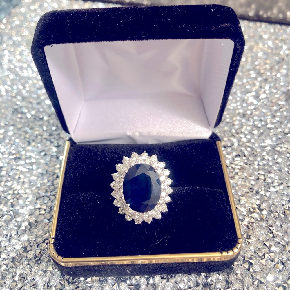 💯AUTH 14k STUNNING WHITE GOLD OVAL SAPPHIRE DIAMOND RING 💍 SZ 7 🤩🛍NWOT